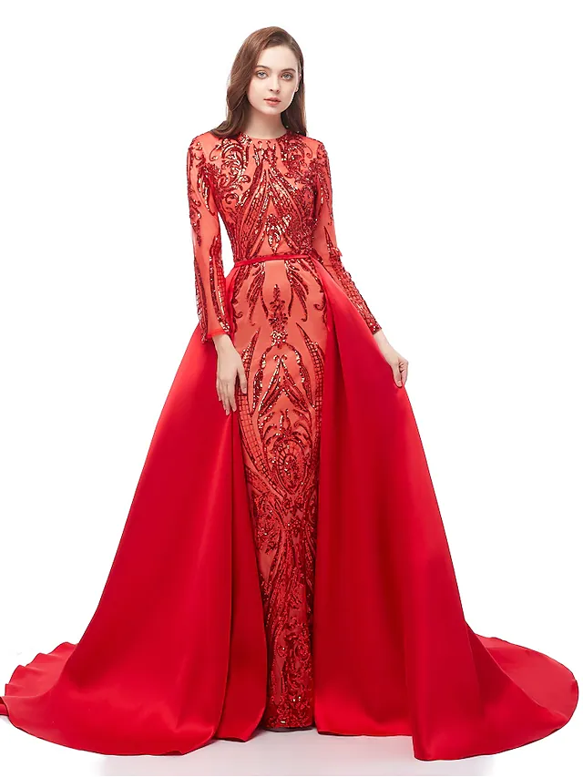 Ballkleid, luxuriös, funkelnd, für den Abschlussball, formelles Abendkleid, Rundhalsausschnitt, lange Ärmel, abnehmbare Pailletten mit Überrock, Musterdruck-Applikationen